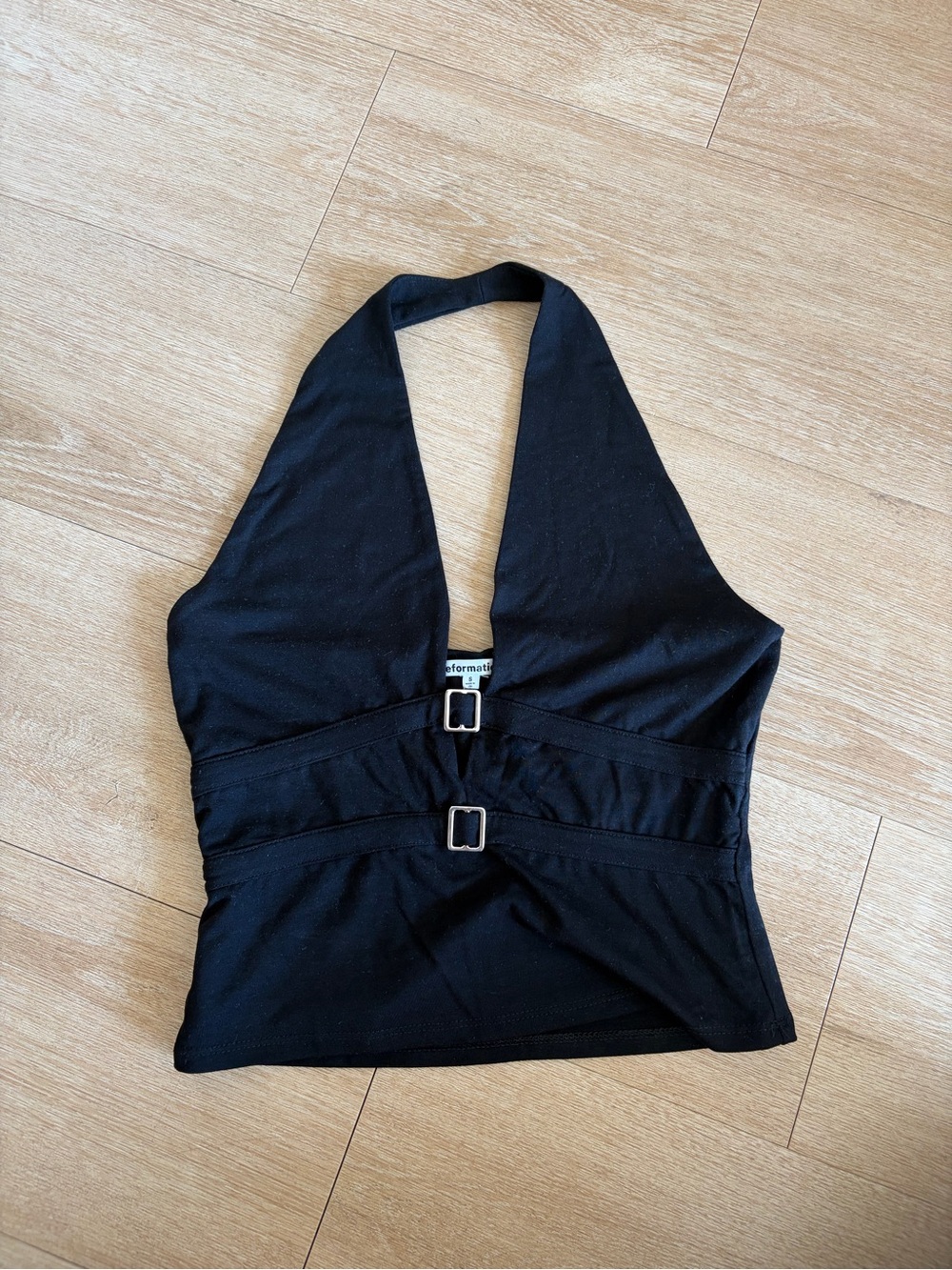 Reformation Black Halter Crop Top with Double Buckle